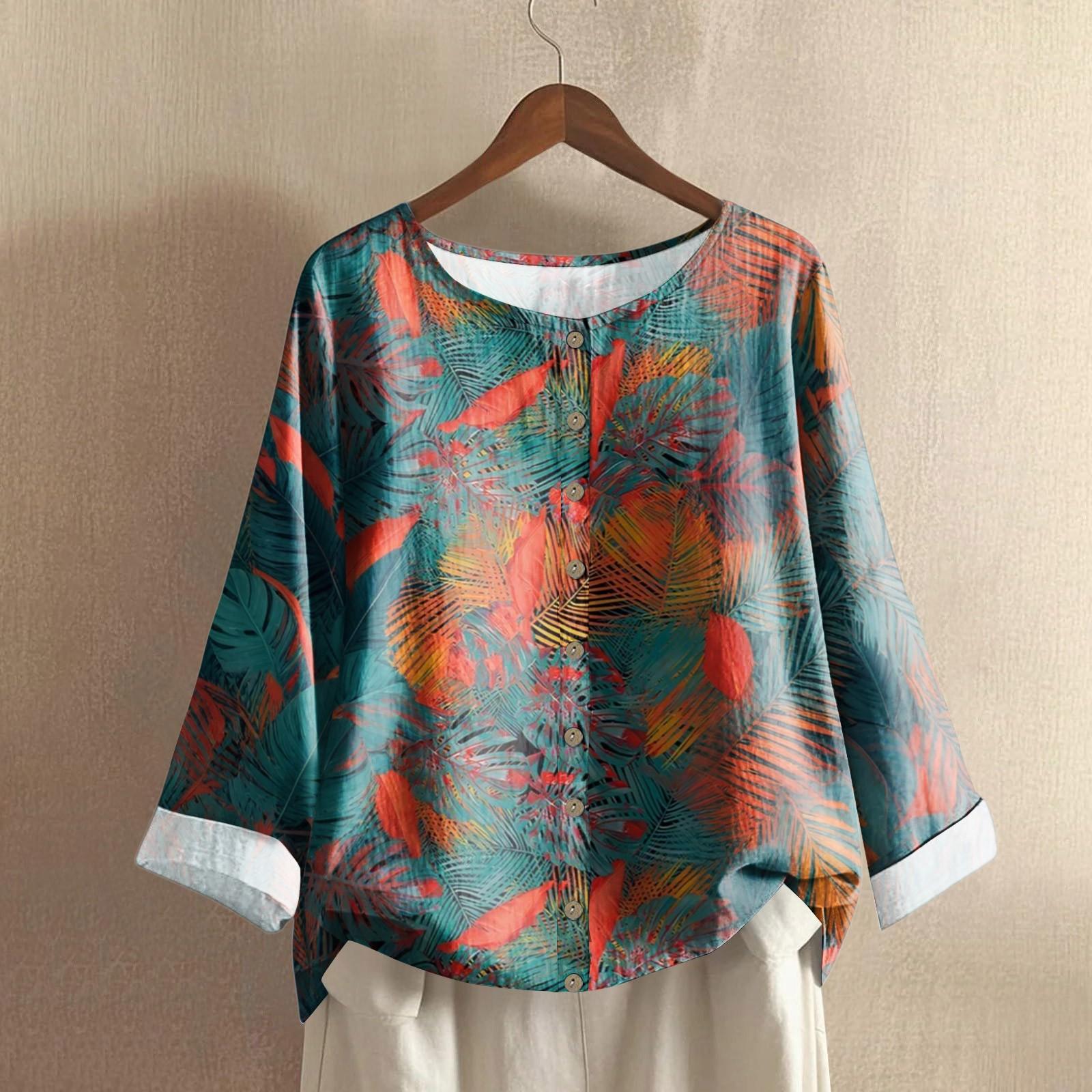 

Women s Casual Long-sleeved Round-neck Retro Gradient Printed Cotton And Linen Top L армія зелений колір