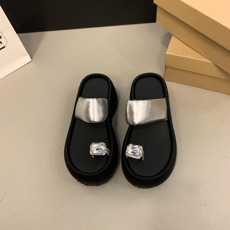One word with pinch cover toe girl wear summer new thick bottom fashion versatile lazy cool slippers 39 серебряный