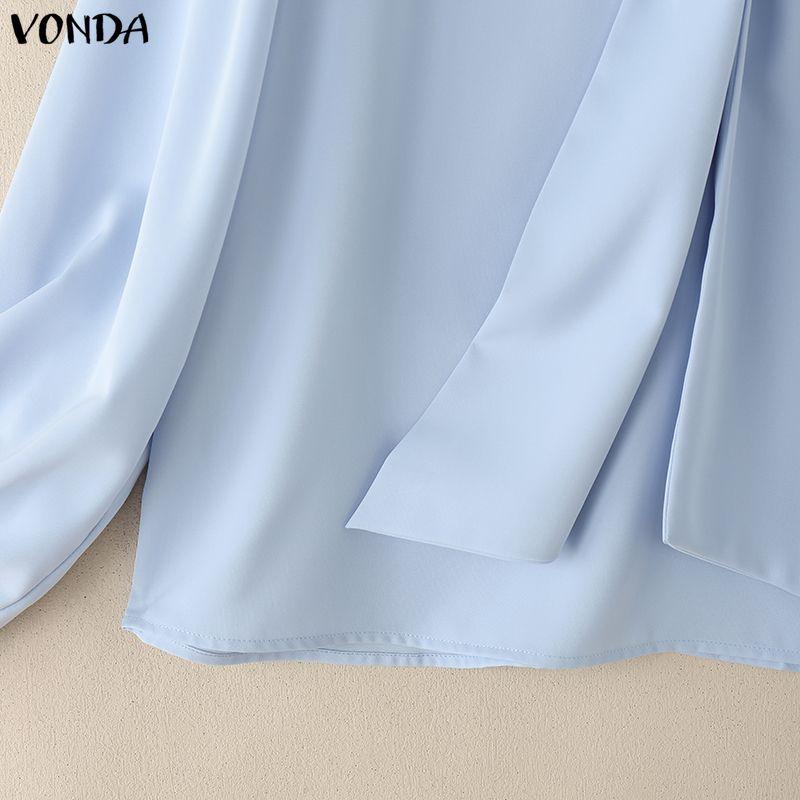 VONDA Womens Casual Tie Up V Neck Long Sleeve Casual Office Shirts Blouse