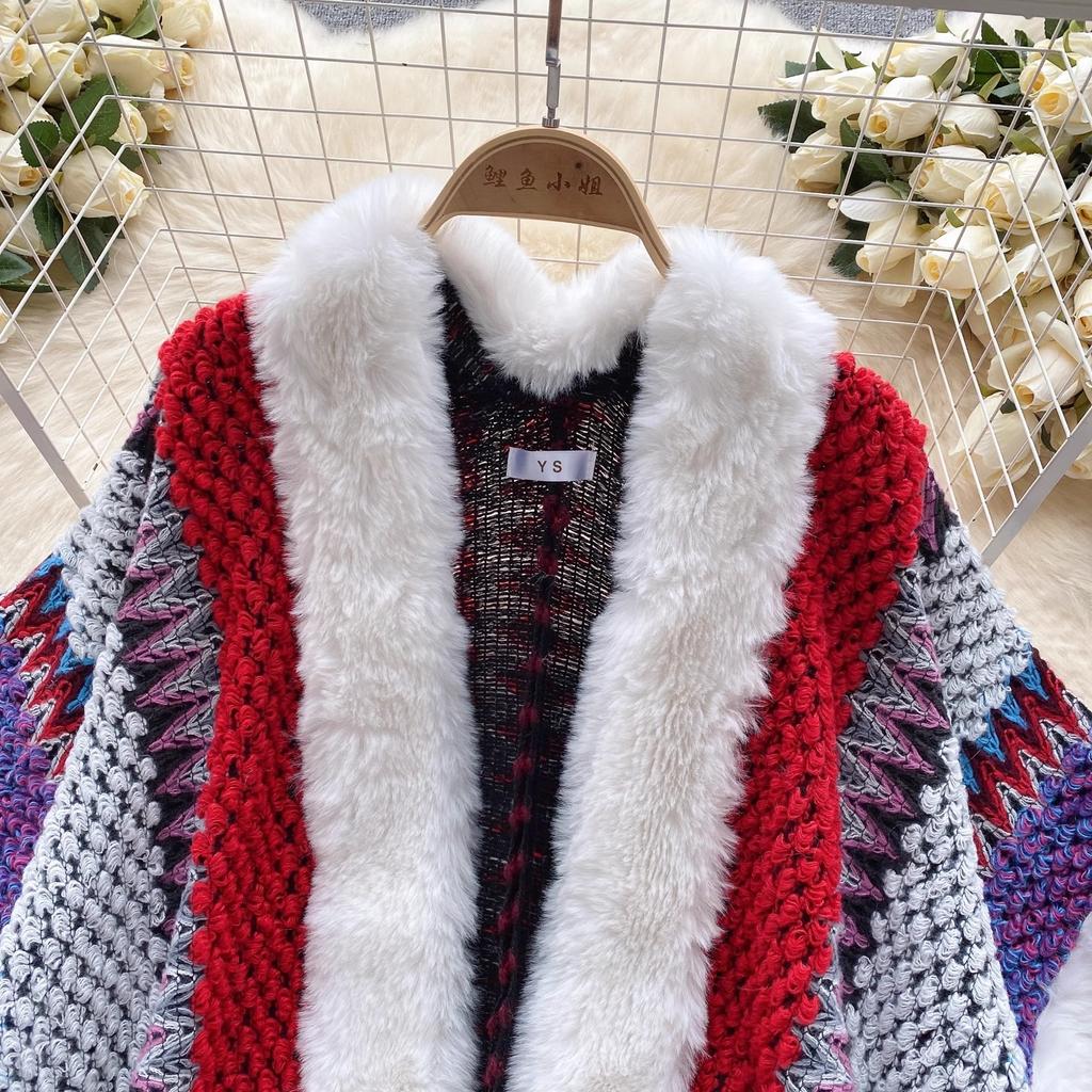 Chic Ethnic Style Color Collision Shawl Sweater Jacket Women Patchwork Soft Warm Hairball Cape Cloak  Knitted Cardigan