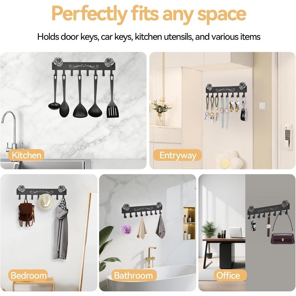 Modern Wall Mount Key Holder 8 Hooks, Adhesive or Drill Installation, Key Organizer Rack for Entryway Kitchen Hallway RV Decor