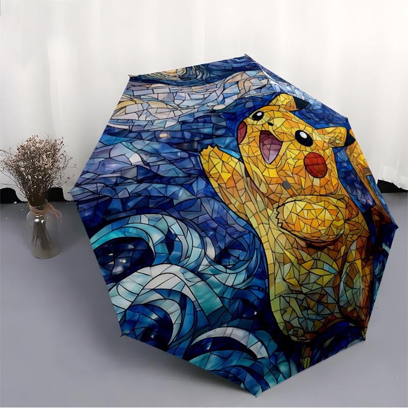 1pc Starry Pikachu Pokemon Automatic Folding Umbrella, Automatic Folding Umbrella with 8 Ribs, Convenient for Outdoor Use  094