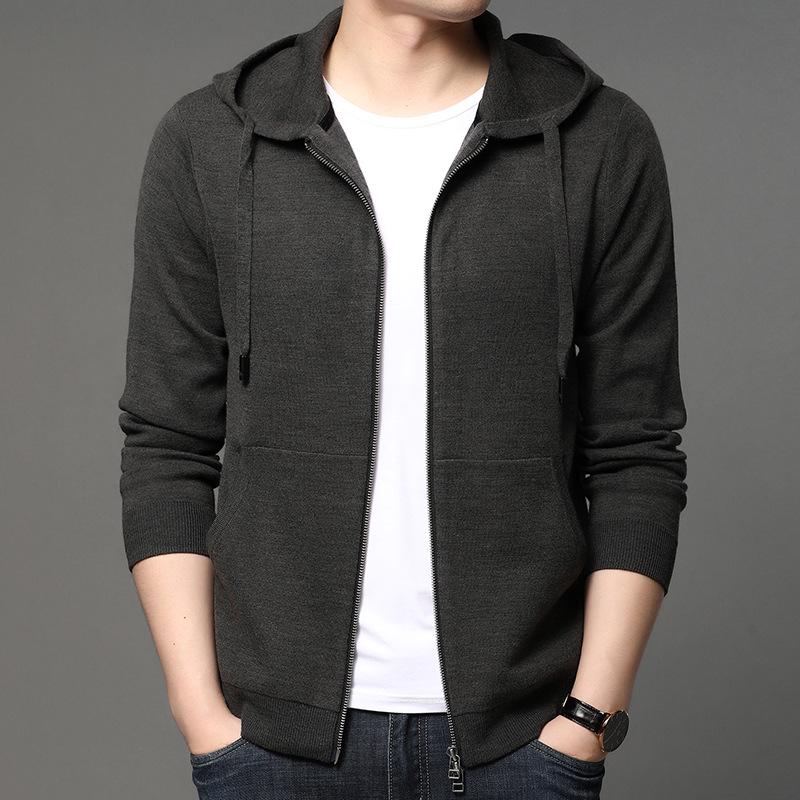 Men's Trendy Korean-Style Solid Color Zipper Hoodie - Long Sleeve Knit Cardigan