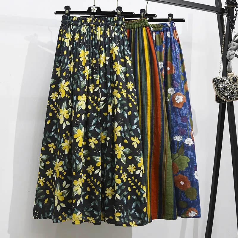 Jupe en coton mi-longue pour femme, décontractée, polyvalente, élastique, ample, confortable, grande taille, plissée, été