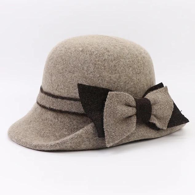 Women Party Formal Headwear Bucket Hat Lady Winter Fashion Asymmetric Ribbon Bowknot 100% Wool Felt Hats