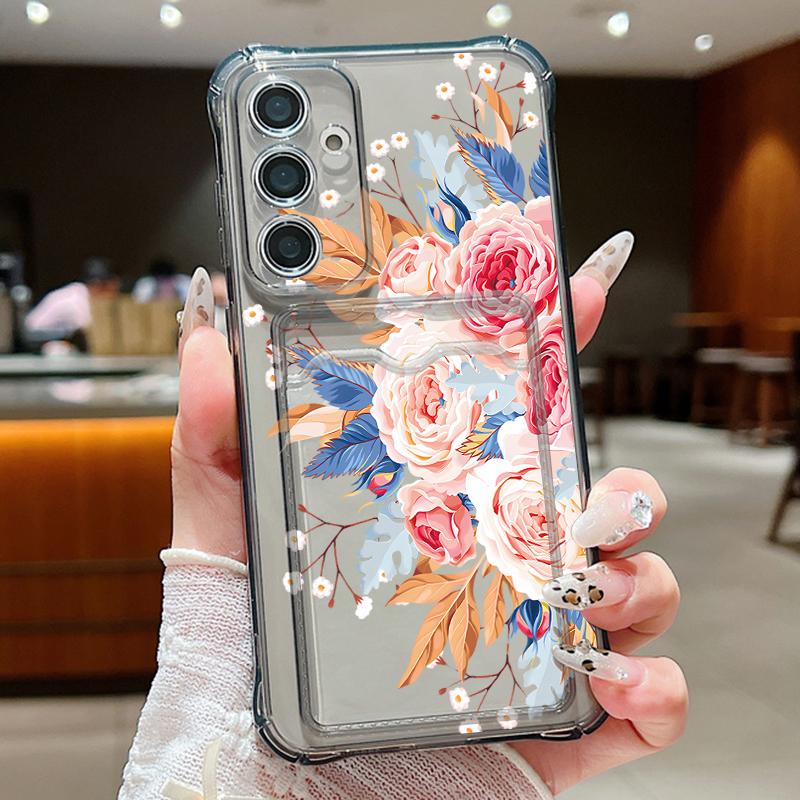 Husă transparentă cu suport pentru card, cu flori, din silicon moale, pentru telefon Samsung S25 S24 S22 Ultra S23 S21 S20 Fe A55 A54 A53 A35 A16 A15, husă de protecție împotriva șocurilor pentru lentilă