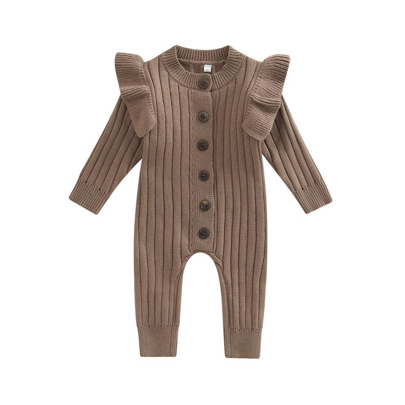 Baby Girl’s Knitted Long Sleeve Jumpsuit Solid Color Round Neck Button Long Romper