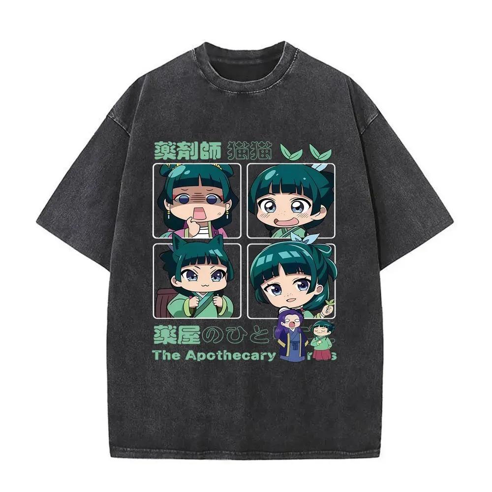 Retro Washed Black The Apothecary Diaries Cute Chibi Maomao Four-Panel Expressions Anime Oversized Casual Cotton T-Shirt