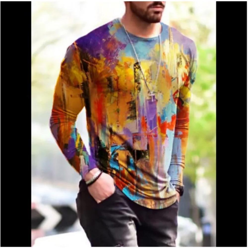 Camiseta masculina retrô com gola redonda e manga comprida, estampa colorida em bloco 3D, primavera, outono, solta, casual, roupa masculina