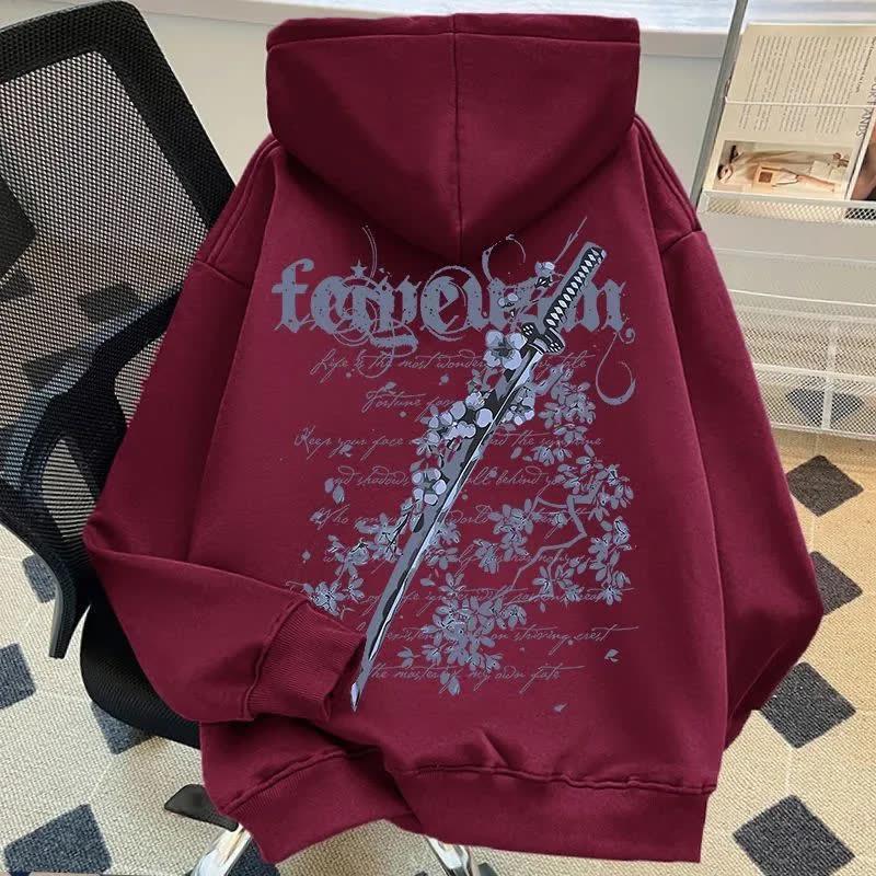 Męska bluza z kapturem w stylu vintage z nadrukiem miecza i kwiatów wiśni, z podszewką z polaru, luźny krój, modna kurtka jesienno-zimowa