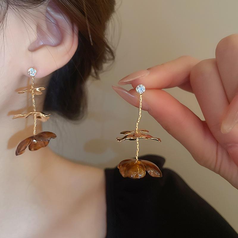 Vintage Ethnic Silver Needle Diamond Inlaid Round Flower Acrylic Resin Stud Earrings for Women