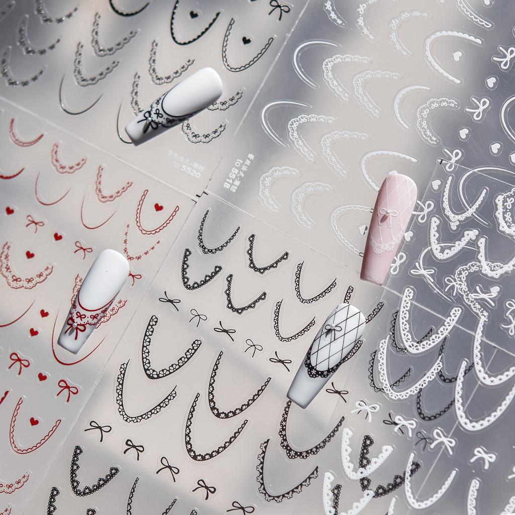 Lace French Nail Art Stickers 3D Thin and Tough Ballet- Nail Decorations Stickers Colors French Bow Love Adhesive Decals