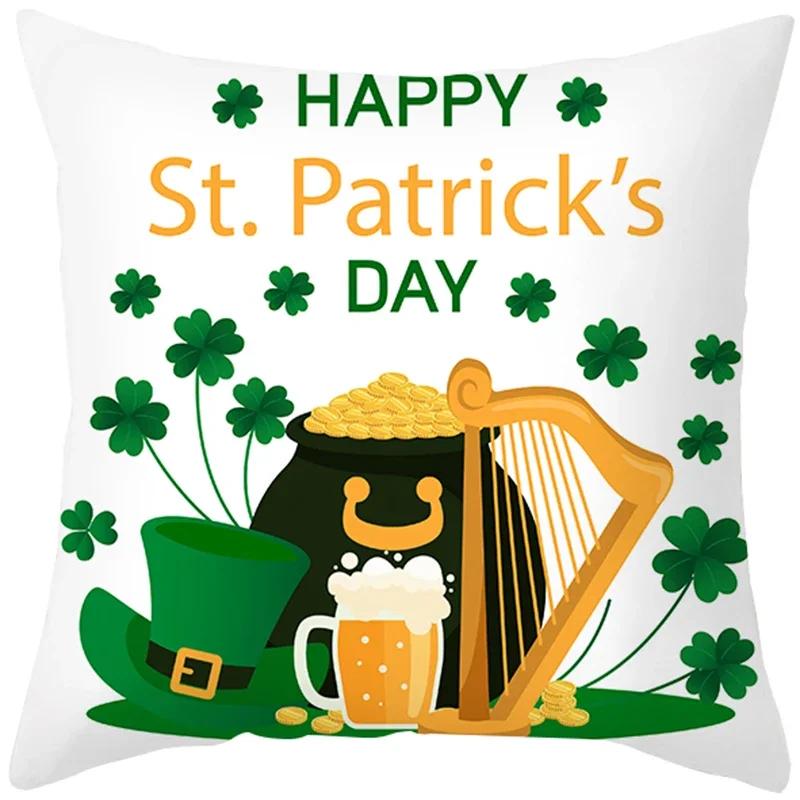 St. Patrick'S Day Pillow Case Green Cartoon Letter Four-Leaf Clover Sofa Cushion Cover Ireland National Day Pillow Cover