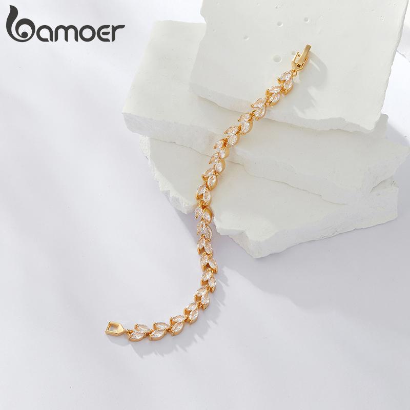 BAMOER White Gold Plated Sparkling Cubic Zirconia Classic Olive Leaf Bracelet, Gold Bracelets for Women Fashion Jewelry
