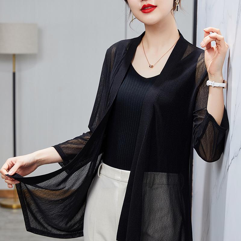 Women's Mid‑Length Sun Protection Cardigan 9‑Point Sleeve Loose Polyester Casual Summer Air‑Condition Shawl Outerwear