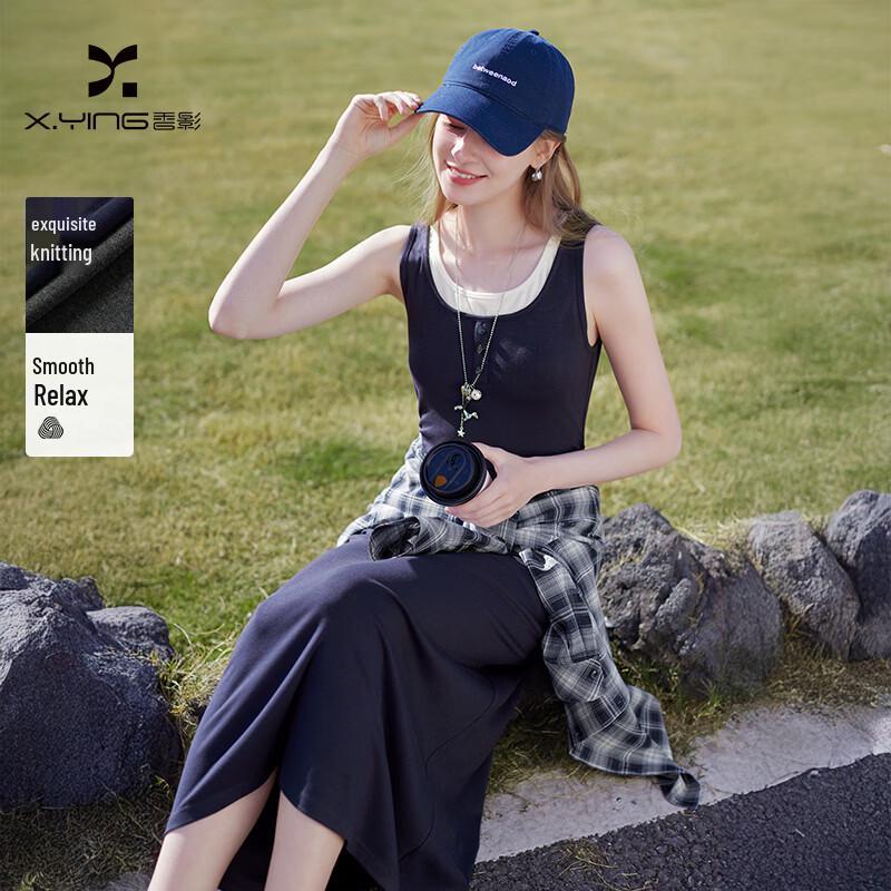 Women s Faux Two-Piece U-Neck Knit Sleeveless Midi Dress M