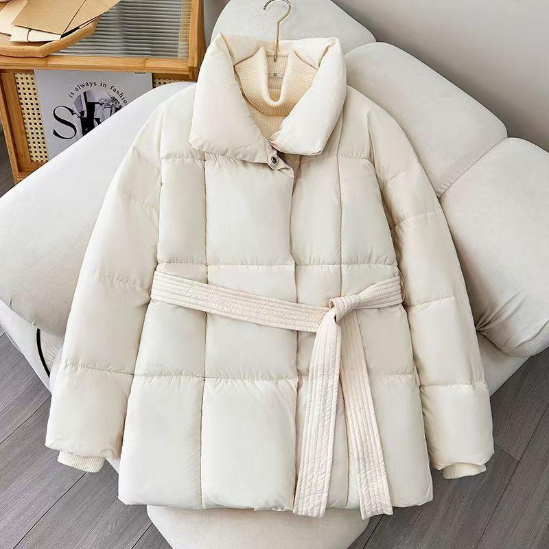 New women's waist autumn and winter stand-up collar down cotton clothes solid color lace-up women's versatile coat