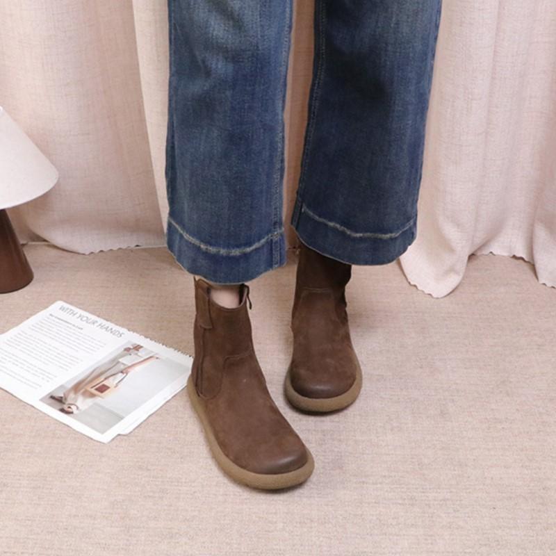 Johnature Versatile Solid Color Short Boots Retro Genuine Leather Round Toe Flat Women's Shoes