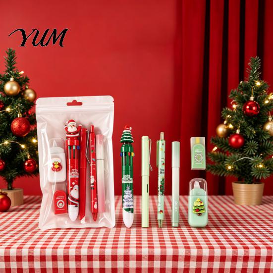 Festive Theme Pens for Homework 6PCS Christmas Stationery Set Students, Cute Patterns Print Student Reward Gifts Practical School Supplies,