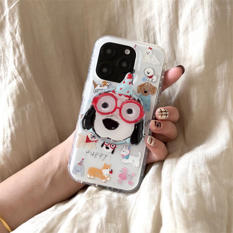 Korean Cute Cartoon Dog Magnetic Stand Phone Case For iPhone 16 Pro 15 14 13 Pro Max Cover for Magsafe Shockproof Kawaii Cases