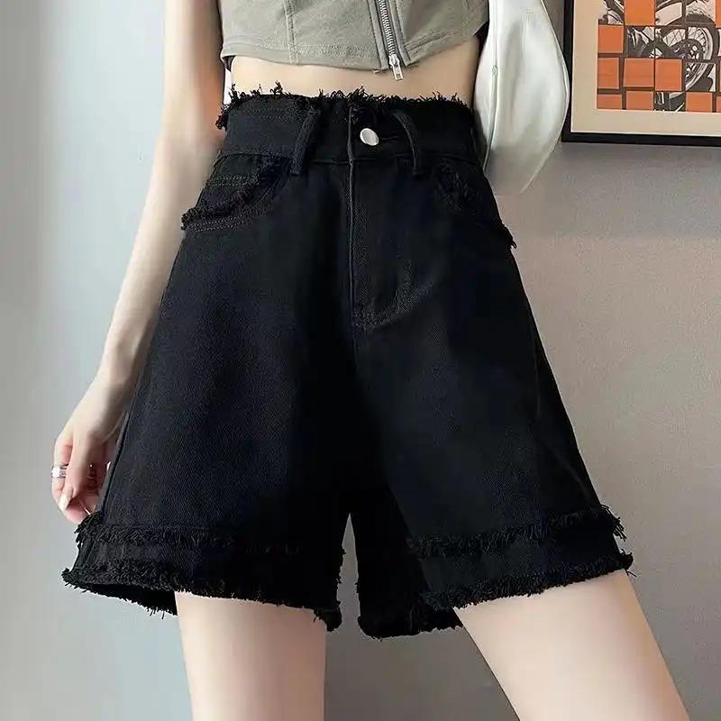 

White Denim Shorts for Women Plus Size Summer A-line High-waisted Loose Slim Short Raw Edge Wide-legged Five-point Pants 3XL чорний