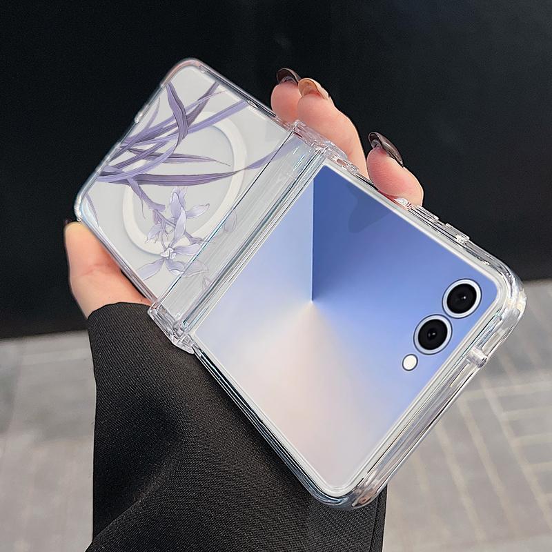 For Samsung Z Flip 7 6 5 4 Case Magnetic For Magsafe Blue and White Flowers Hinged Hard PC Folding Cover For Galaxy Z Flip7 Flip6 Flip5