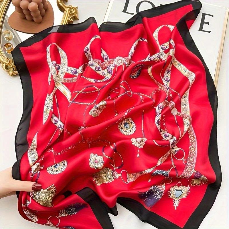 Women's Korean Style Retro Printed Imitation Silk Scarf for Professional and Casual Use