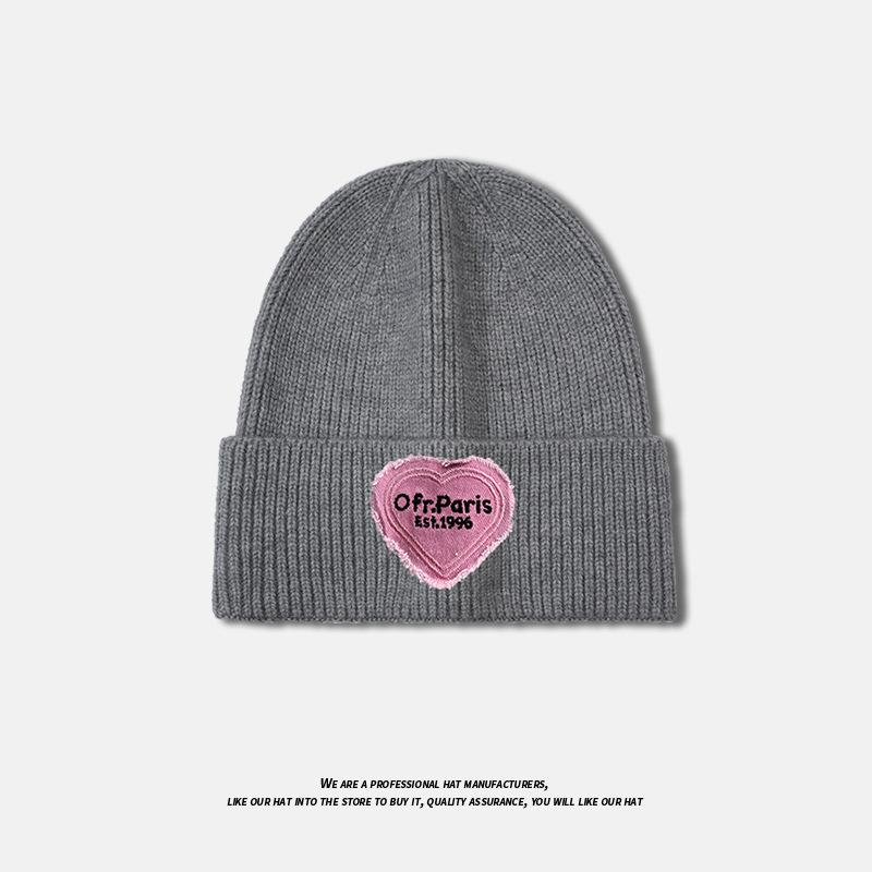 Love Patch Knitted Hat for Women In Autumn and Winter Versatile Fashionable Woolen Hat Large Head Circumference Warm Pullover Cold Hat