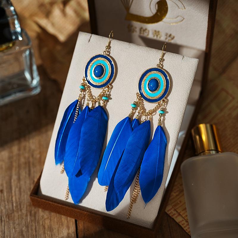 Bohemian Tassel Chain Feather Earrings for Women Unique Long Oval Drop Glaze Handmade Dangle Earring Pendiente Mujer Accessories