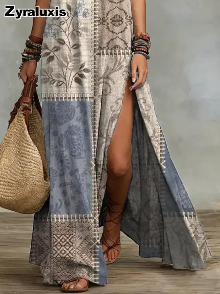 Summer Bohemian Ruffle Open-Shoulder Printed Maxi Dress