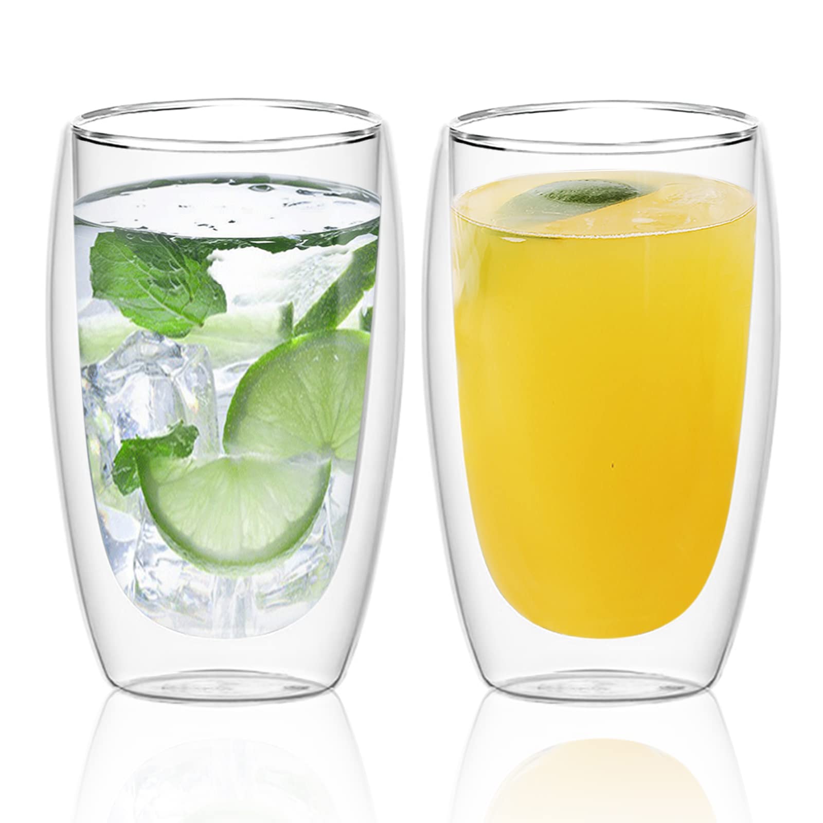 Yiteng Double-Walled Glasses, Set of 2, 450ml, Heat-Resistant, Double-Walled, for Coffee, Keeps Drinks Hot or Cold, Transparent, Condensation-Free, Mu