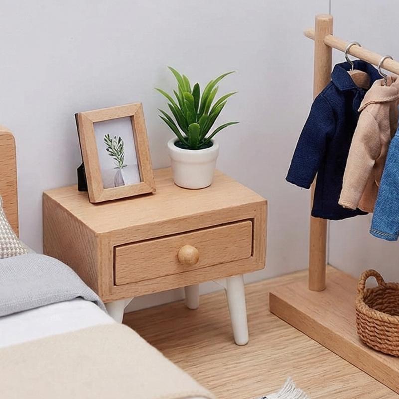 Pack of 5 Plastic Wooden Doll Bedroom Accessory Set With Tiny Wardrobe Vanity Stool And Nightstand For Kids Playhouse