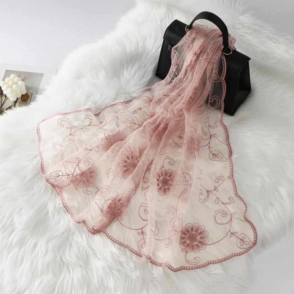Lightweight Sheer Shawl Embroidered Mesh Stole Neck Wrap Floral Headwrap  Sun Protection