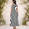 Women Plus Size Round Neck Sleeveless Black White Striped Printed A Line Long Dress With Pockets