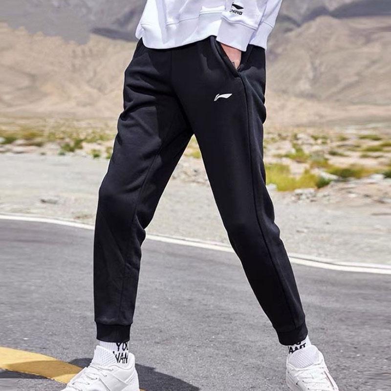 Li Ning Solid Color Fleece Sports Pants Men Bottoms Black AKLP871-12