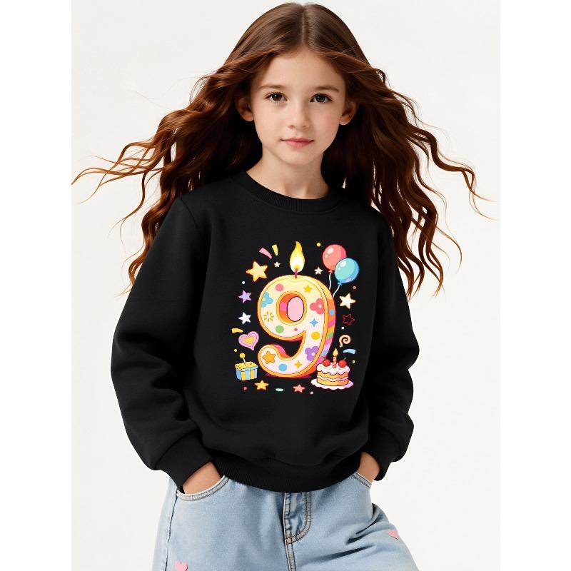 European Sizes Girls Soft Crewneck Sweatshirt Nine Birthday Candle Number Print Design, Casual All-Match, Ideal Holiday Present