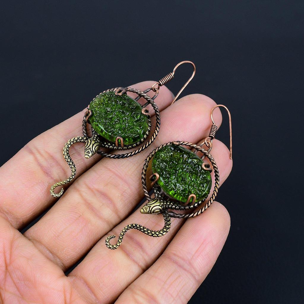 Moldavite 999 Copper Wire Wrapped Earrings, Handmade Gemstone Jewelry Earrings For Memorial Day