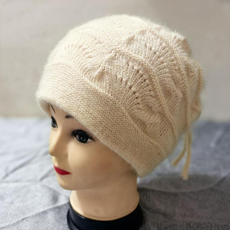 Women's Slouchy Knit Hat & Neck Warmer: Cozy Autumn/Winter Baotou Style, Large Head Fit, Face-Slimming Drawstring Design.