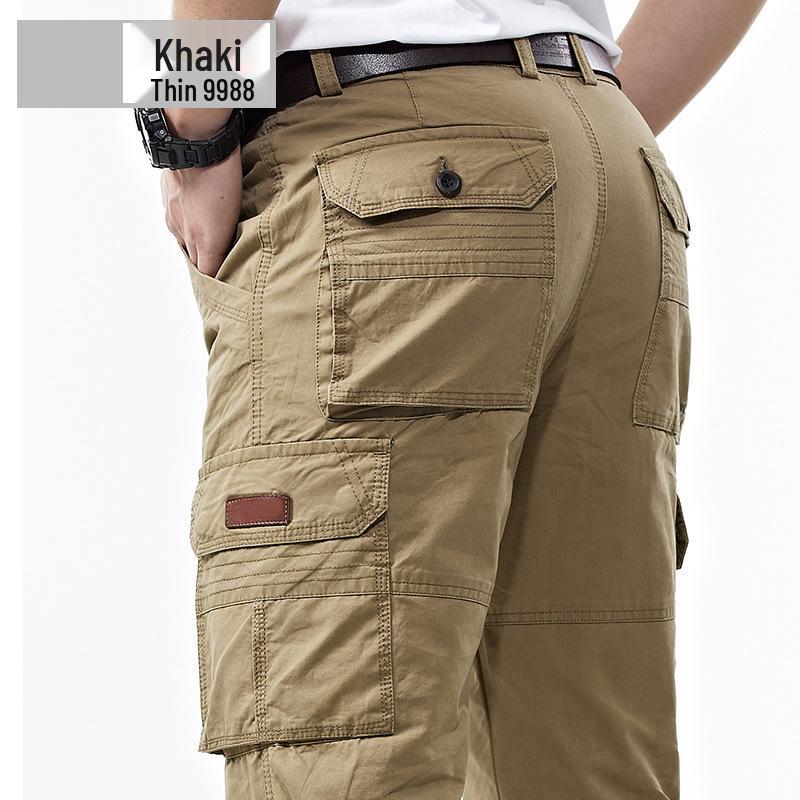 Men's Spring Cargo Pants - Thick, Loose, Straight-Leg, Multi-Pocket, Plus Size, Pure Cotton Trousers