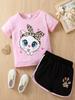 Girls Summer 2Pcs Outfit Cute Cartoon Print Crew Neck Short Sleeve Top and Shorts Set