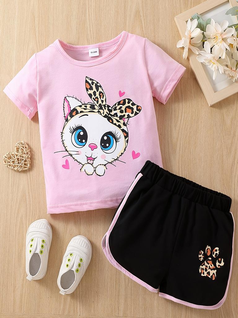Girls Summer 2Pcs Outfit Cute Cartoon Print Crew Neck Short Sleeve Top and Shorts Set