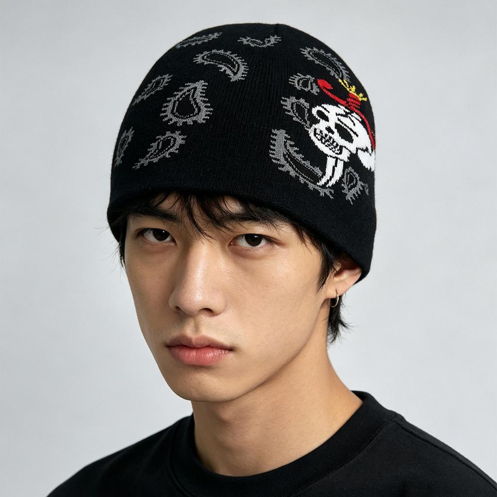 Autumn and Winter American Street Halloween Skull Cashew Flower Knitted Hat Men and Women Warm Color Matching Personalized Pullover Hat