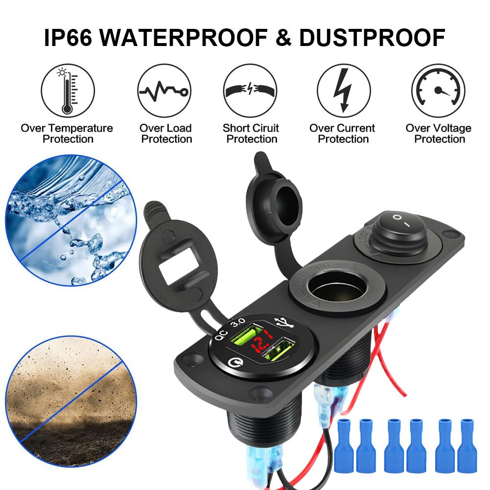 12V Fast Charger Switch Pannel Dual USB Power Socket Plug Waterproof Car Charger Auto Socket for Car Boat for Car Charging