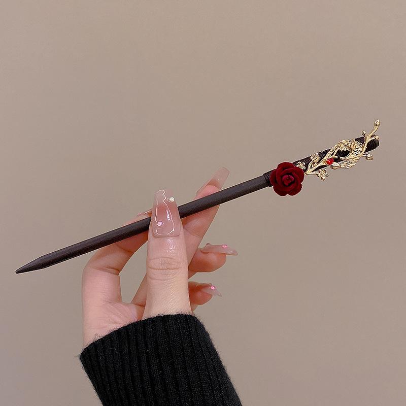 Vintage Wood Red Flower Tassel Hairpin for Women Girl Hair Stick Hair Clip Costume Chinese Style Hanfu Jewelry Hair Accessories