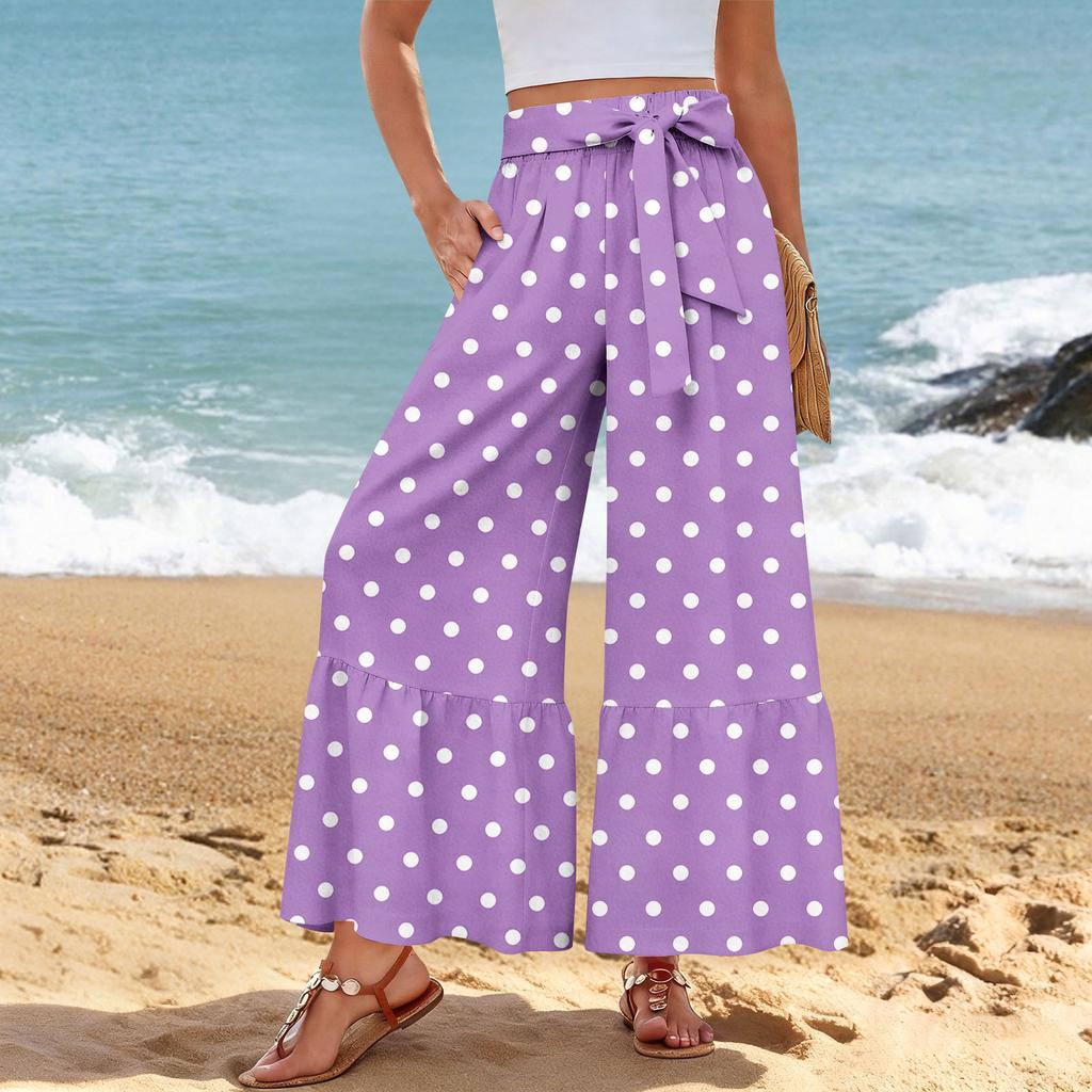 Damen Freizeithose mit weitem Bein, Stretch, Hoher Bund, Gerüschter Saum, Weite Beine, Mit Gürtel und Taschen