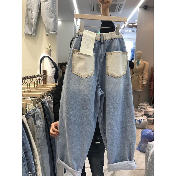 Kadın İlkbahar Yırtık Moda Sokak Kotu Yüksek Bel Fermuarlı Düz Kesim Günlük Bol Mavi Denim Kısaltılmış Pantolon