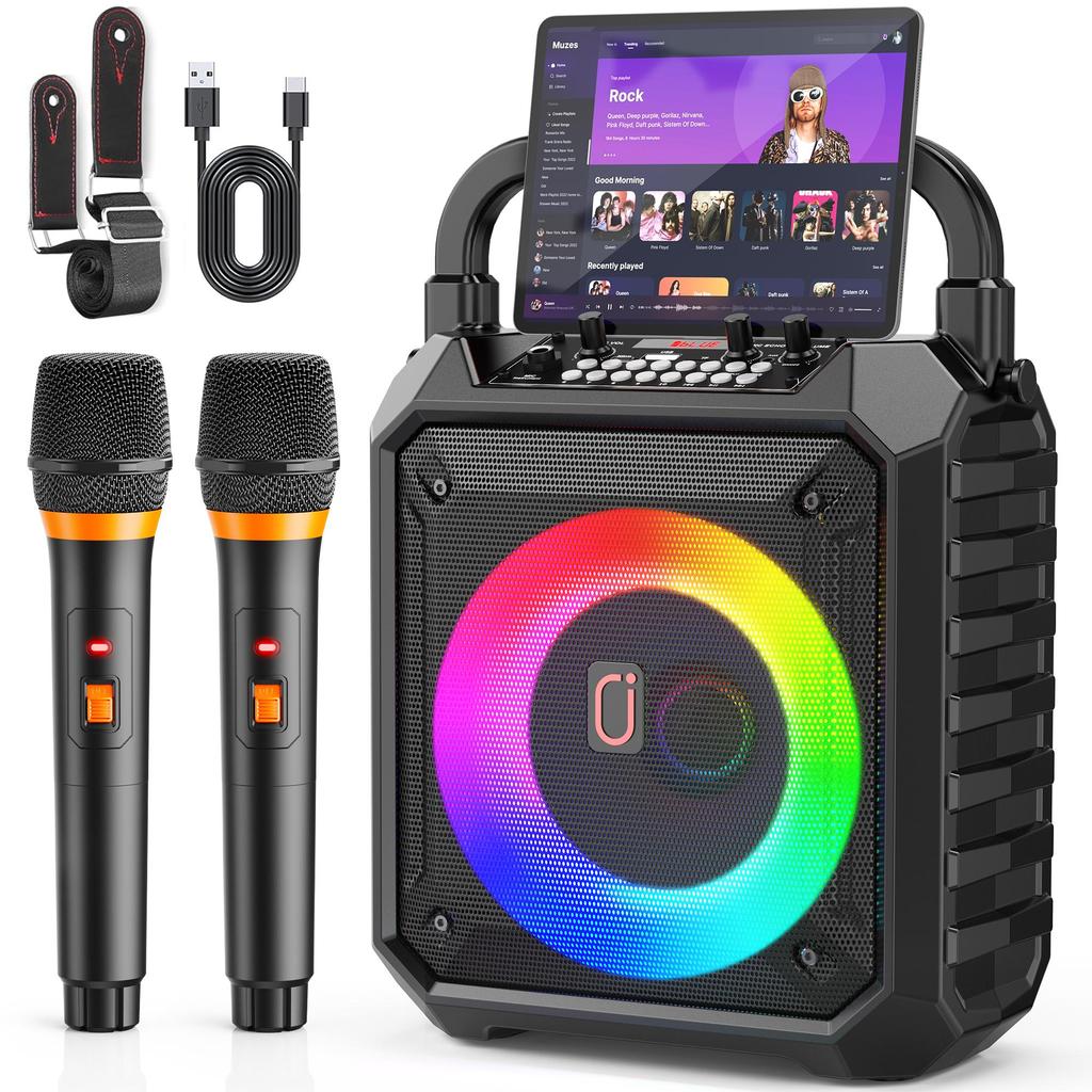 Karaoke Machine with Two Wireless Microphones, Portable Speaker with LED Lights for Kids and Adults, Supports Bluetooth/USB/TF/AUX for Party