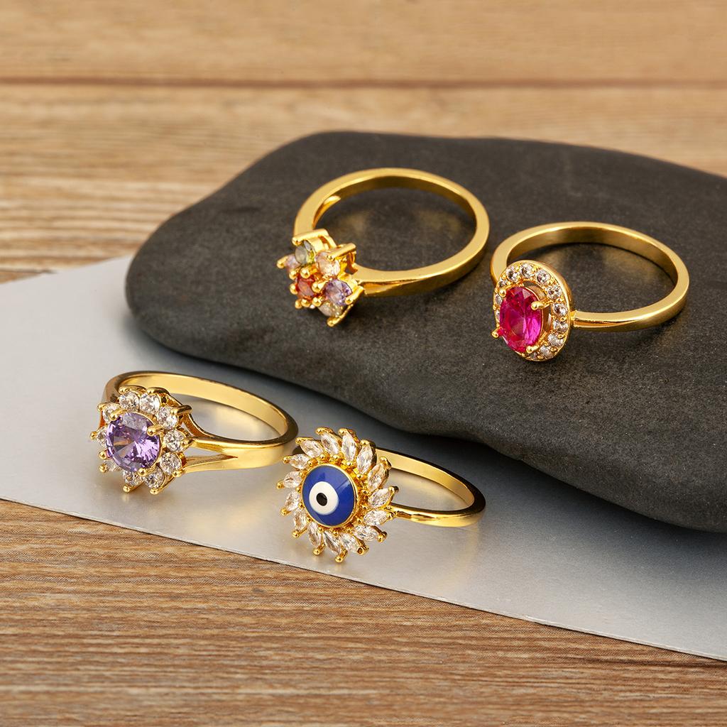 Nidin New Fashion 3 Styles Flower Shape Shiny Crystal Zircon Rings For Women Elegant Aesthetic Finger Jewelry Wedding Gifts