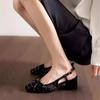 Black square head single shoes women's new satin rhinestone bow leather one-word buckle thick heel bag head sandals