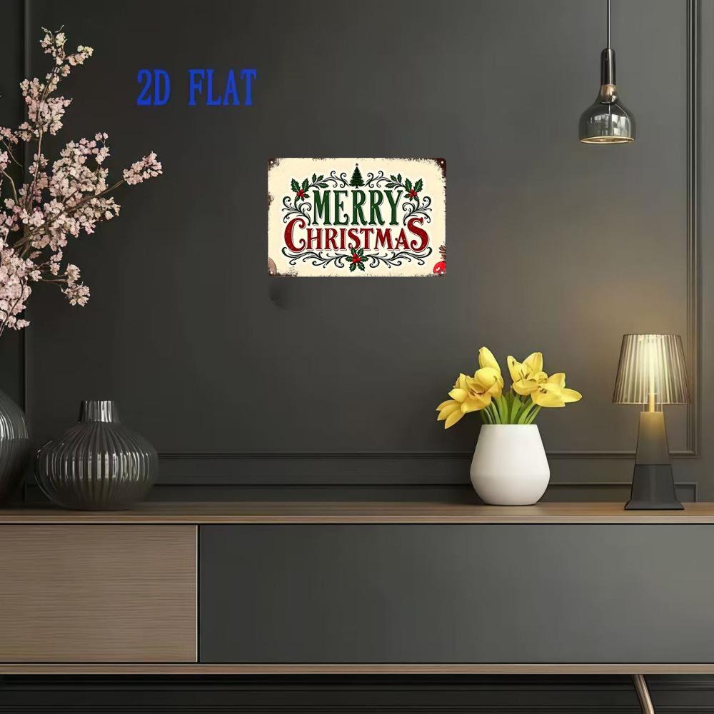 Vintage Merry Christmas Metal Wall Sign, 8x12in, Holly Wreath Design, Red/Green/Gold, Easy Install
